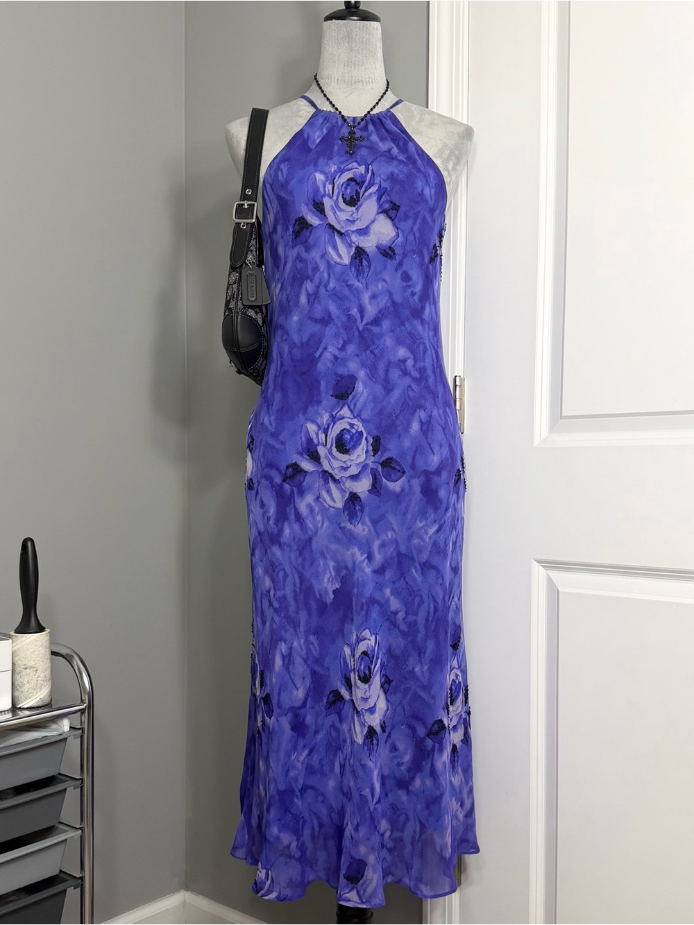Vintage 90s Spenser Jeremy Purple Beaded Floral Silk Midi Dress Size 6
